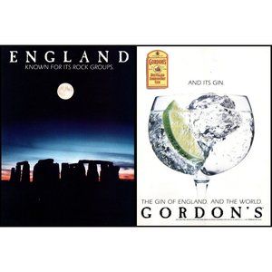 1987 Gordon's Gin 2 Page Vintage Print Ad England Stonehenge Full Moon Wall Art